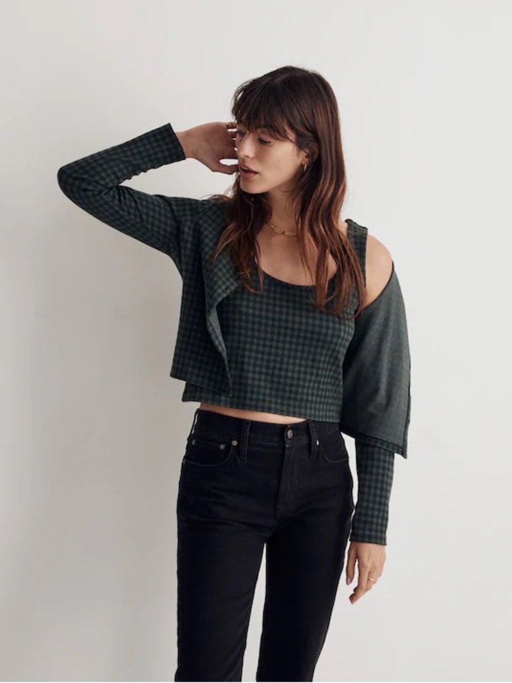 Madewell Forest Green Jacquard Cardigan Twin Set in Gingham Womens Size Medium